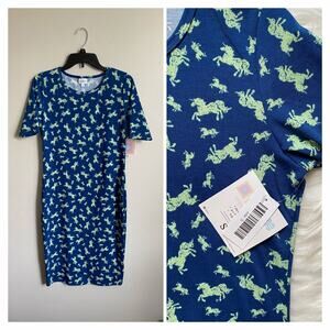 NWT Made in USA Lularoe Blue with Green Unicorns Julia Pencil Dress- Size Small
